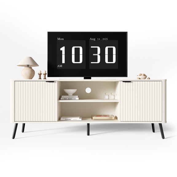 58" TV Stand for 50–65 Inch TV, Modern Entertainment Center with Storage Cabinet and Open Shelf, Fluted Panel Media Console Table for Living Room, White
