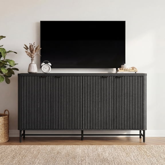 Fluted Buffet Cabinet with Adjustable Shelves, 65" Sideboard Cabinet with Metal Handles, Modern Storage Cabinet for Dining Room, Living Room or Kitchen，Black