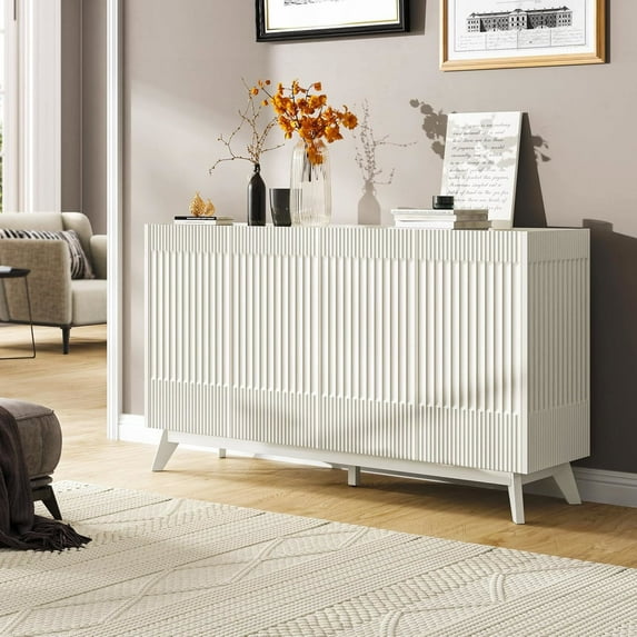 Fatmok 65" Large Sideboard Buffet Cabinet with Storage, Modern Fluted Credenza Buffet Table with Doors and Adjustable Shelves for Living Room, Kitchen, and Dining Room, White