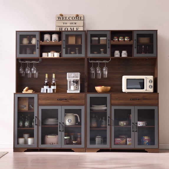 71" Kitchen Hutch Storage Cabinet Set of 2 with Wine Rack & Charging Station, Pantry Cabinet, Coffee Bar Cabinet & Liquor Cabinet with Storage, LED Lights for Kitchen, Dining Room, Home Bar,(Brown)