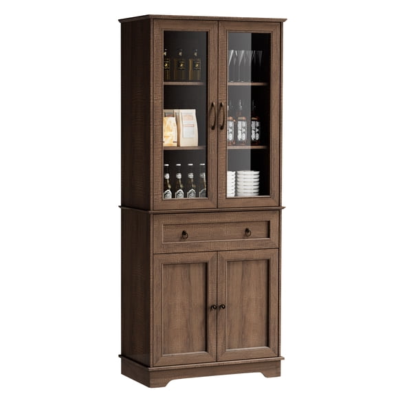 Fatmok 72" Tall Kitchen Pantry Storage Cabinet with Glass Doors, Farmhouse Hutch Cabinet with 4 Doors and 1 Drawer, Food Pantry Organizer for Dining Room, Living Room, Office, Brown