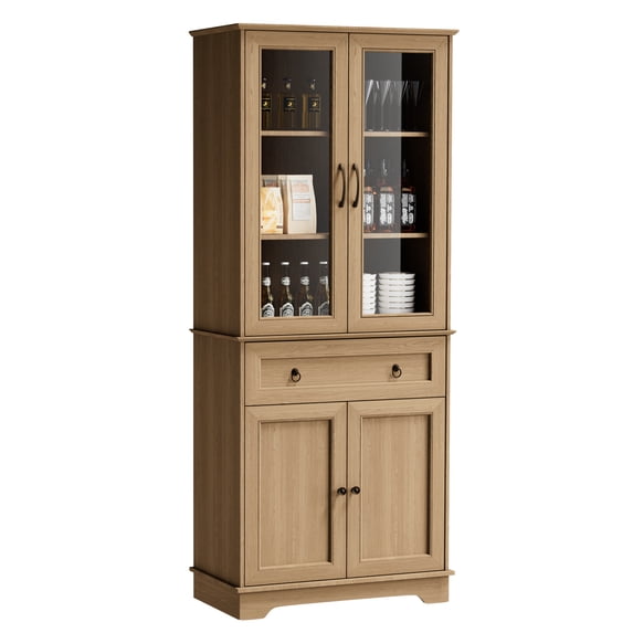 72" Kitchen Pantry Cabinet with Glass Doors, Tall Pantry Storage Cabinet with Drawer & Adjustable Shelves, Freestanding Coffee Bar Cabinet, Farmhouse Kitchen Cabinet, Natural