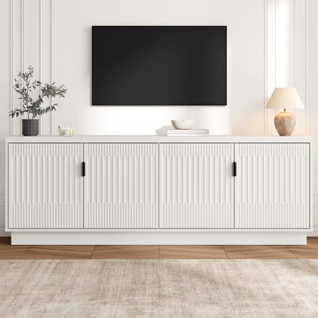 68" Fluted TV Stand for 75" TVs, Farmhouse Entertainment Center with 4 Doors and Adjustable Shelves, Modern Media Console with Storage Cabinets, White