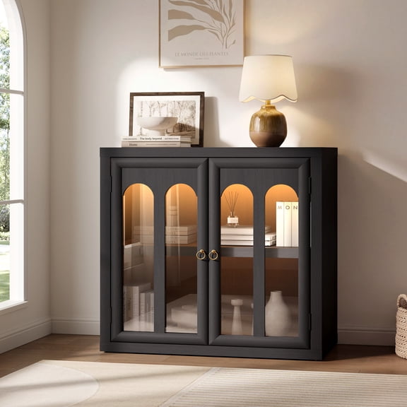 Fatmok Arched Glass Door Buffet Cabinet with 3-Color LED Lighting, Modern Storage Sideboard for Living Room and Dining Room,Black Grey