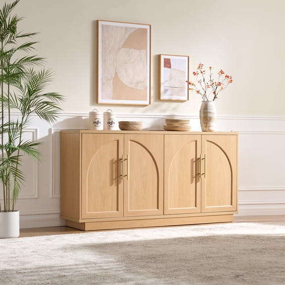 Fatmok Arched Sideboard Buffet Cabinet & TV Stand, 59'' Moder Arched Wood Console Table with Adjustable Shelves & Long Metal Handles, Storage Credenza for Dining Room, Living Room, Natural Wood