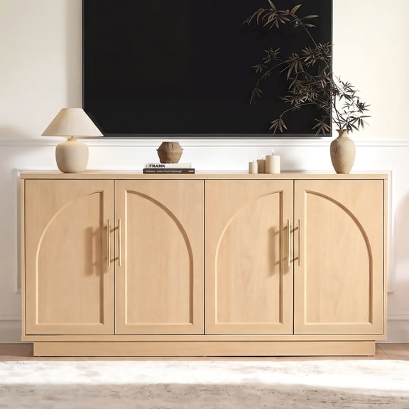 Fatmok Accent Cabinet with Storage, 59" Modern Sideboard Cabinet with Arched Door & Adjustable Shelves, Wood Storage Cabinet for Living Room, Dining Room, Entryway(Natural Wood)