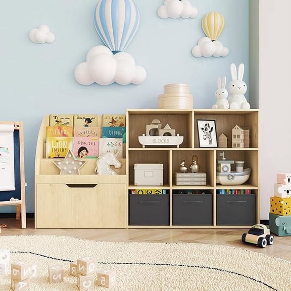 Fatmok Kids Bookshelf and Toy Storage Organizer with Movable Drawers and 3 Bins, Reading Nook Shelf with 5 Cubbies, Natral Wood