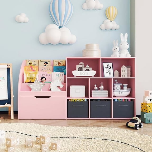 Fatmok Kids Bookshelf and Toy Storage Organizer with Movable Drawers and 3 Bins, Reading Nook Shelf with 5 Cubbies, Pink