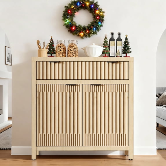 Fatmok Mid-Century Modern Fluted Cabinets with Drawer and Sliding Door, Set of 2, 32" Wide Floor Sideboard Buffet Console Tables for Living Room, Kitchen, Bathroom, Entryway, Natural Wood