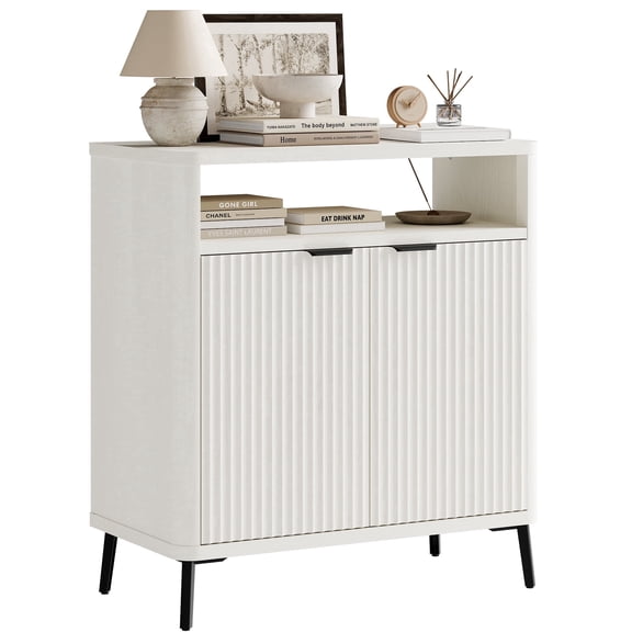Fatmok Modern Fluted Buffet Sideboard Cabinet with Storage, 2-Door Coffee Bar Cabinet with Adjustable Shelves for Dining Room, Kitchen, Living Room, White