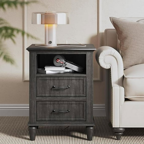 Fatmok Nightstand with Charging Station, 18" Narrow End Table with 2 Drawers, Modern Wood Bedside Table for Bedroom or Living Room, Black