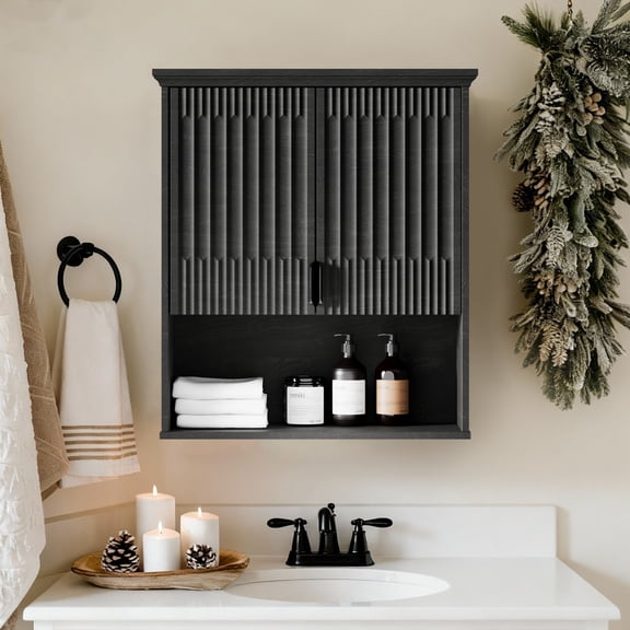 Fatmok Wall Mount Bathroom Cabinet with Fluted Doors and Adjustable Shelf, Over-The-Toilet Space Saver Storage Organizer, Wooden Medicine Cabinet, Grey