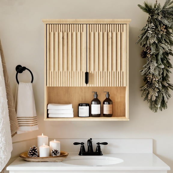 Fatmok Wall Mount Bathroom Cabinet with Fluted Doors and Adjustable Shelf, Over-The-Toilet Space Saver Storage Organizer, Wooden Medicine Cabinet, Natural Wood