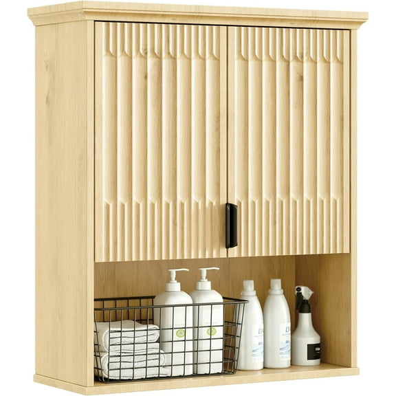 Fatmok Wall Mount Bathroom Cabinet with Fluted Doors and Adjustable Shelf, Over-The-Toilet Space Saver Storage Organizer, Wooden Medicine Cabinet, Natural Wood