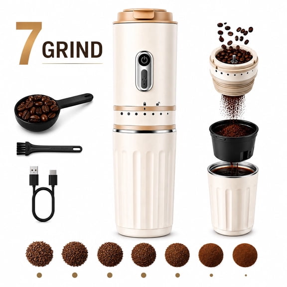 Fatomal Portable Coffee Maker, Travel Coffee Maker with Electric Grinder, Cordless Mini Coffee Machines with Insulated Mug for Travel, Camping, Car, White