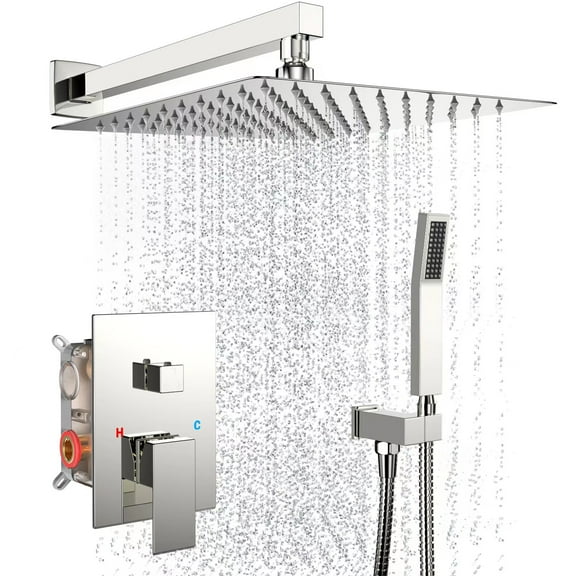 Fatspas Rain Shower System, 10" Shower Faucet Set with Rain Handheld, Wall Mounted High Pressure Shower Head System, Luxury Shower Head Set for Bathroom Shower Fixtures Rough in 2 Way Shower Valve Kit