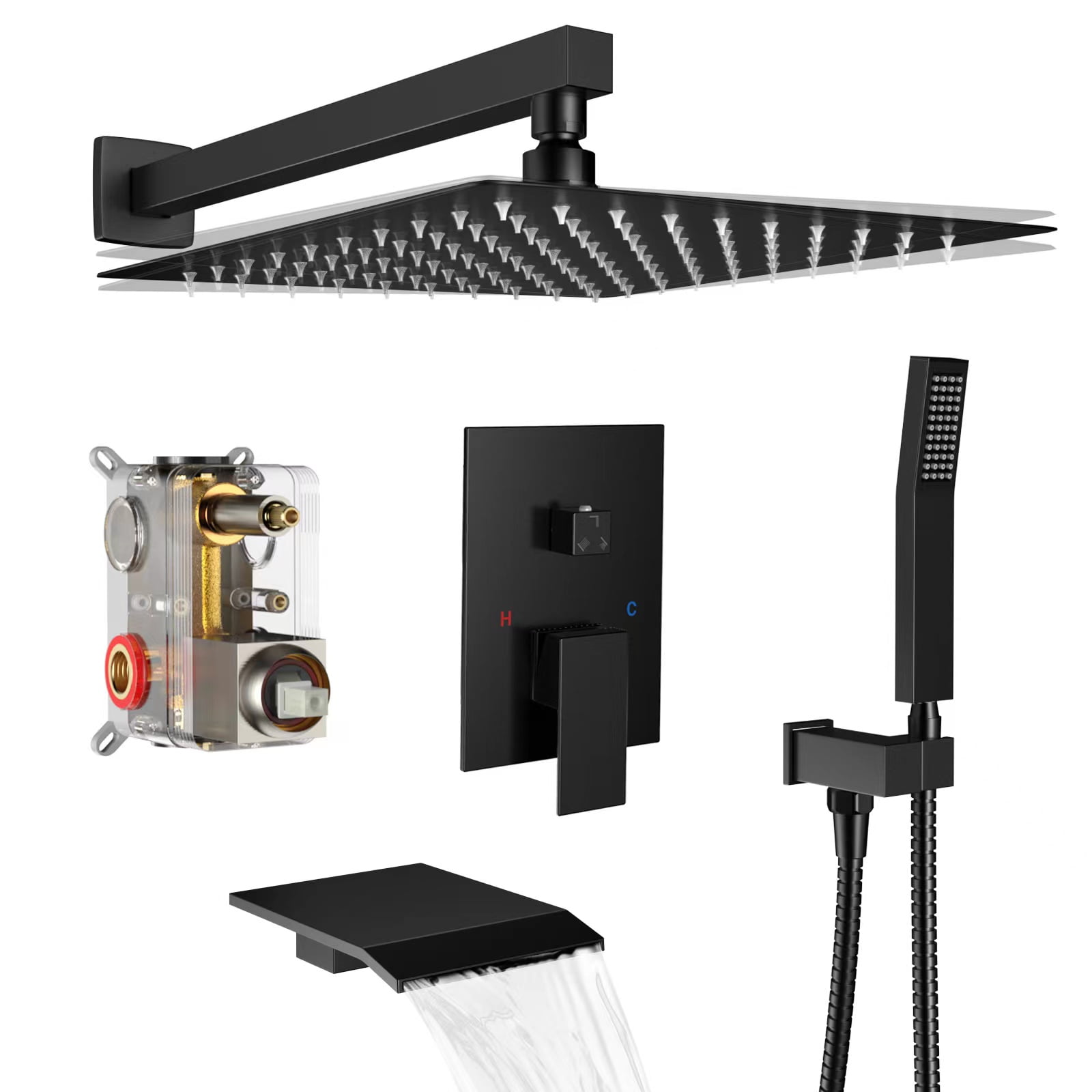 Fatspas Rain Shower System with Tub Spout, 10" Matte Black Shower Faucet Set with Rain Handheld, Wall Mounted Mixer Shower Combo Set, Bathroom with High Pressure Shower Head & 3 Way Shower Valve Kit.