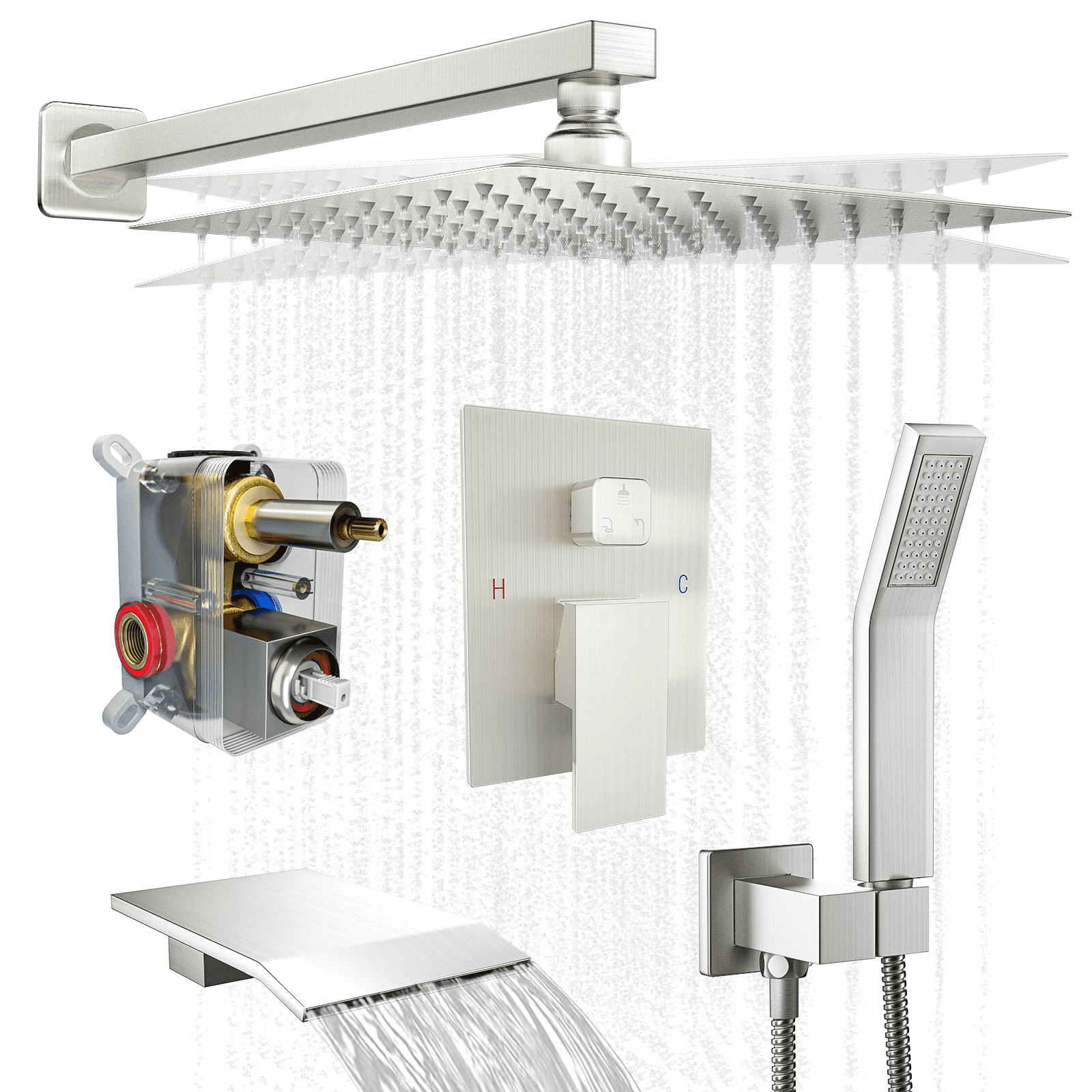 Fatspas Shower System with Tub Spout, 12" Brushed Nickel Shower Faucet