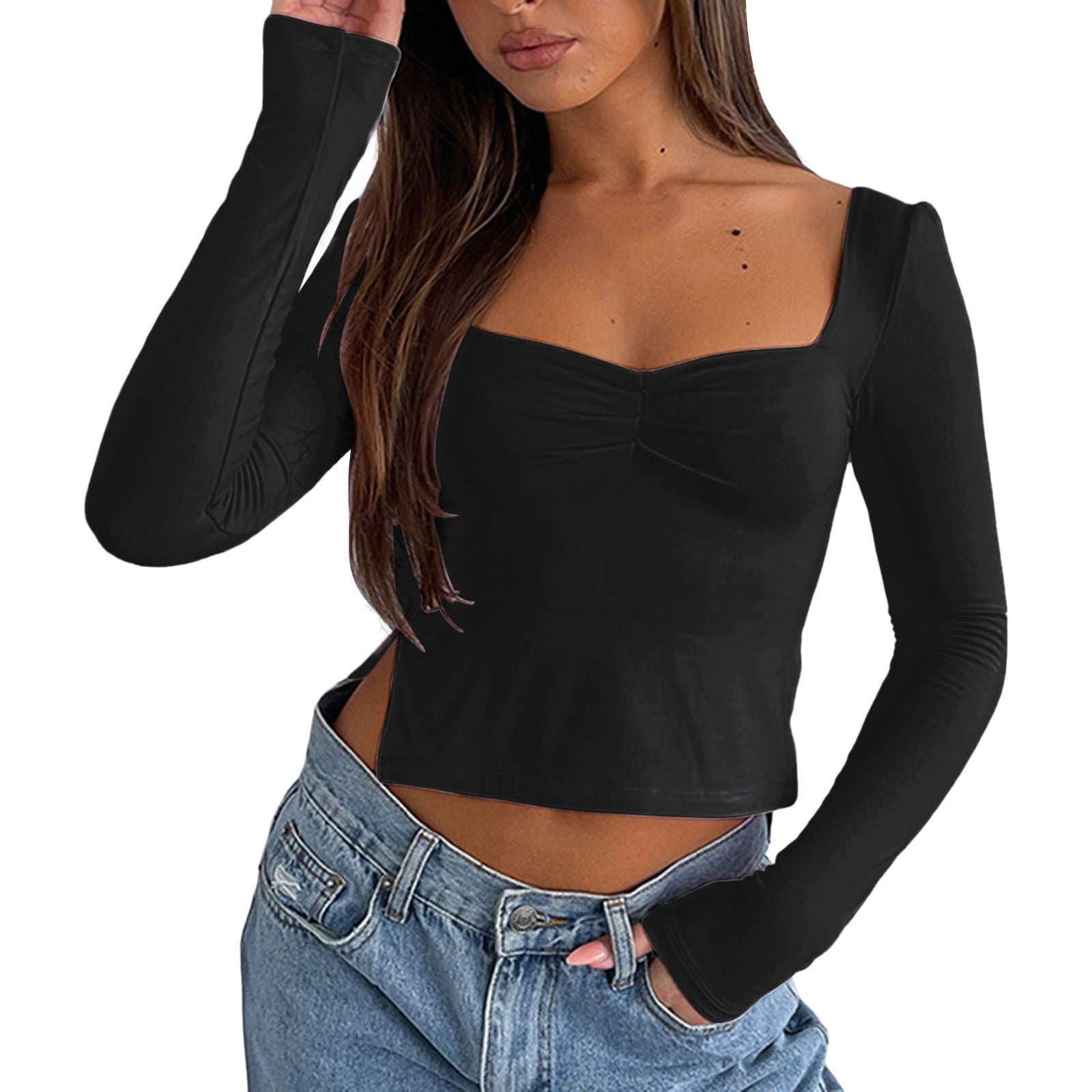 Fattazi Winter Tops for Women Women Long Sleeve Sweetheart Neck Crop