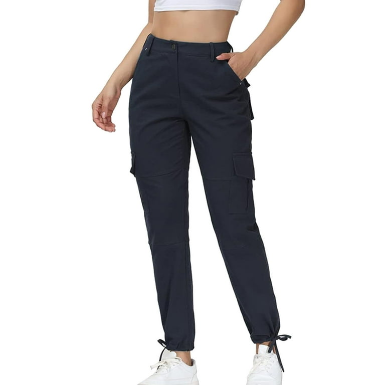 Fattazi Women's Plus Size Pants Women Fashion Overalls Solid Elastic Waist  Hiking Pants Pocket Button Travel Pants Casual Trousers