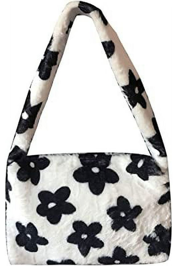 Faux Fur Shoulder Bags,Hobo Bag Flower Clutch Bag Plush Furry Handbag for Women Girls,Underarm Purse,Crossbody Purse