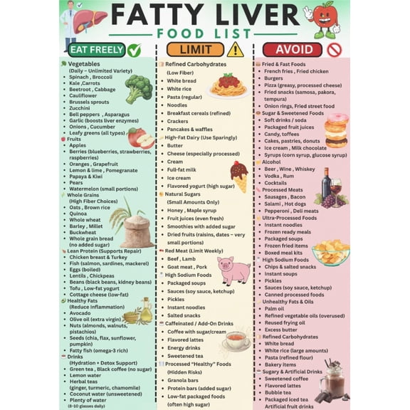 Fatty Liver Food List Printable Poster Liver Friendly Diet Plan, Eating Limits And Avoid Chart Poster, Healthy Liver Food Guide, Detox Meal Plan Poster