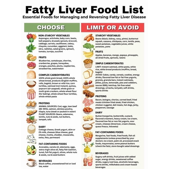 Fatty liver diet poster List of foods for fatty liver disease, fatty liver diet plan, liver detoxification, and food posters to avoid non-alcoholic fatty liver disease