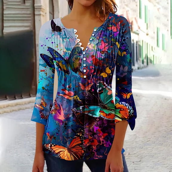 Fatuov 3/4 Flare Sleeve Tops for Women Button V-Neck Dressy Casual Blouses Pleated Boho Floral Graphic T-shirts Fall Fashion Trendy Clothes Multicolor L