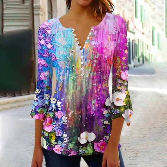 Fatuov 3/4 Flare Sleeve Tops for Women Button V-Neck Dressy Casual Blouses Pleated Boho Floral Graphic T-shirts Fall Fashion Trendy Clothes Multicolor M
