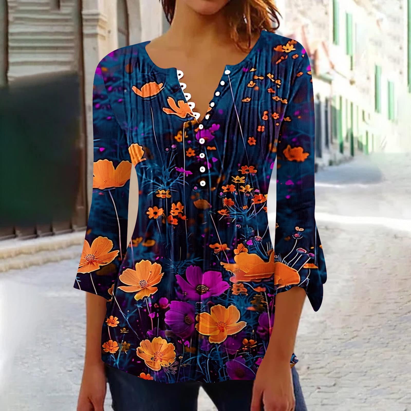 Multicolor Fall Blouses Fatuov 3/4 Flare Sleeve Tops for Women Button V-Neck Dressy Casual ...