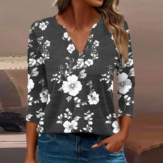 Fatuov 3/4 Sleeve Shirt Women Plus Size Floral Print Casual Blouses for Holiday Crew Neck Drop Shoulder Loose Fit Tops Clothes Multicolor, M