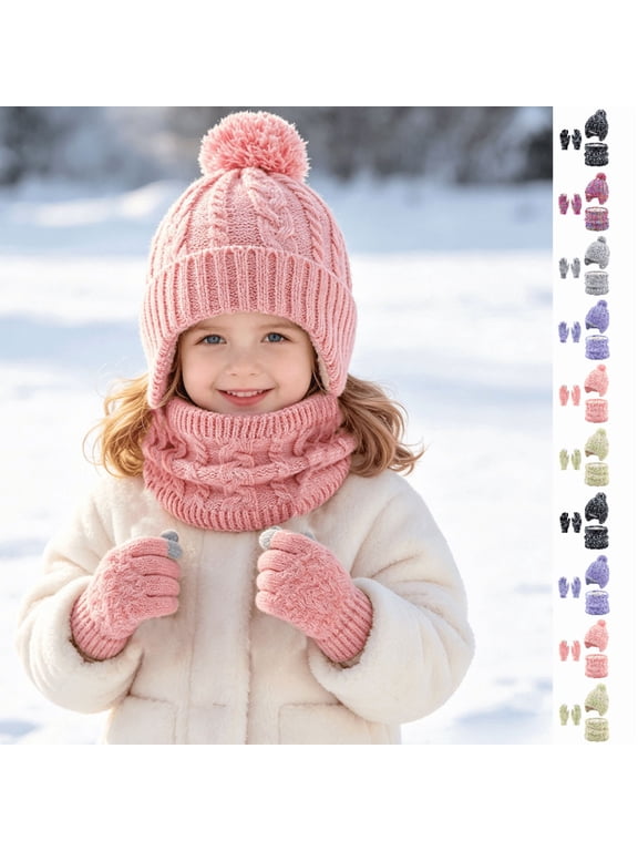 3pc Beanie Hat Scarf Gloves Set for Girls, Warm Knitted Hat Scarf Gloves Set Winter Accessories Sets Age 2-10