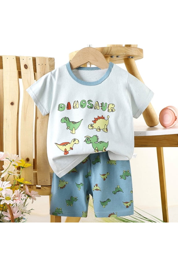 Athletic Shorts and T-shirt Set for Kids Summer Casual Short Sleeve Outfits for Outdoor Crewneck Cute Print Two-Piece Set 4 Years, Light Blue, 100% Cotton