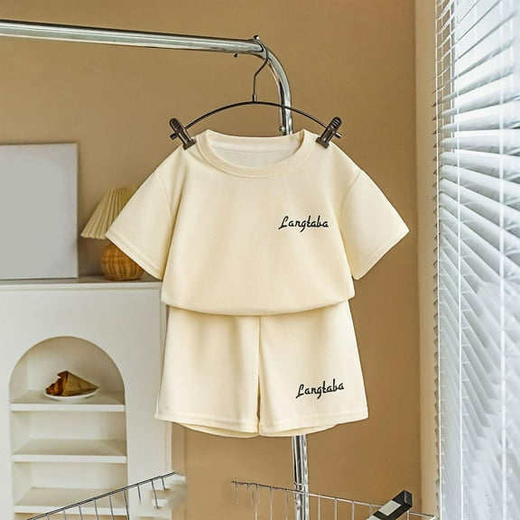 Fatuov Big Girl's Elastic Waistband Shorts Set Cute Print Soft Top Set for Gift Summer 2-Piece Clothes 11 Years, Beige