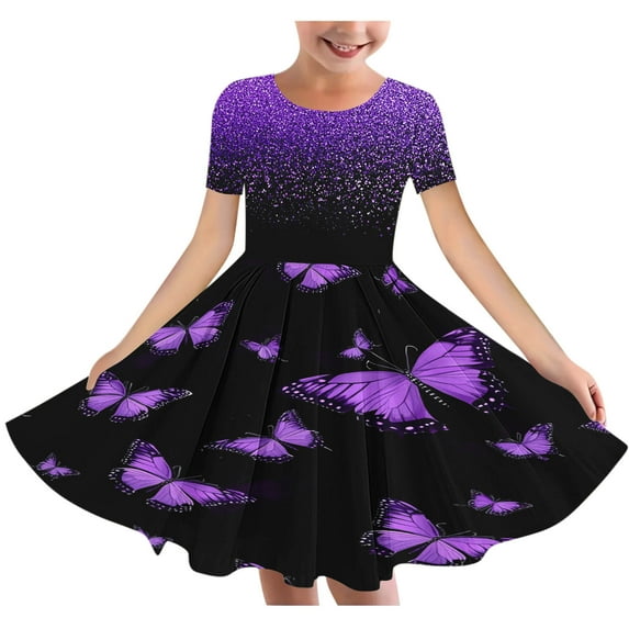 Fatuov Kids Toddler Girls Summer Dress, Short Sleeve A-Line Flowy Midi Dresses Fashion Cute Print Crew Neck Dance Dress Purple Size 13 Years