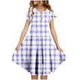 thumbnail image 1 of Fatuov Big Girls Summer Dress Plaid Print Flowy Ruffle Sleeve Midi Casual Dress with Pocket Crew Neck Pleated Everyday Wear Dress Purple, Sizes 14-15 Years, 1 of 4
