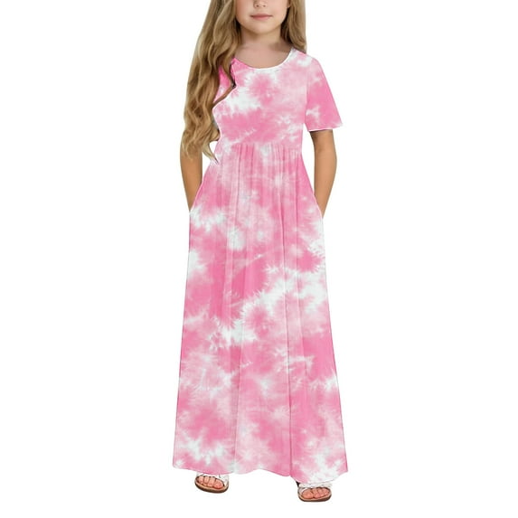 Fatuov Bohemian Tie-Dye Dress for Girls Printed Crew Neck Soft Summer Dress with Pocket Loose Fit Long Dress for Gift Size 7 Years