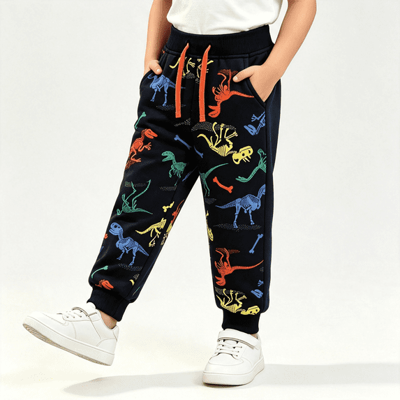 Fatuov Boys Cotton Joggers Sweatpants with Pockets, Elastic Waist Casual Pants Cute Dinosaur Painted Drawstring Elastic Bottom Loose Pant Fall Clothes Size 1-2 Years