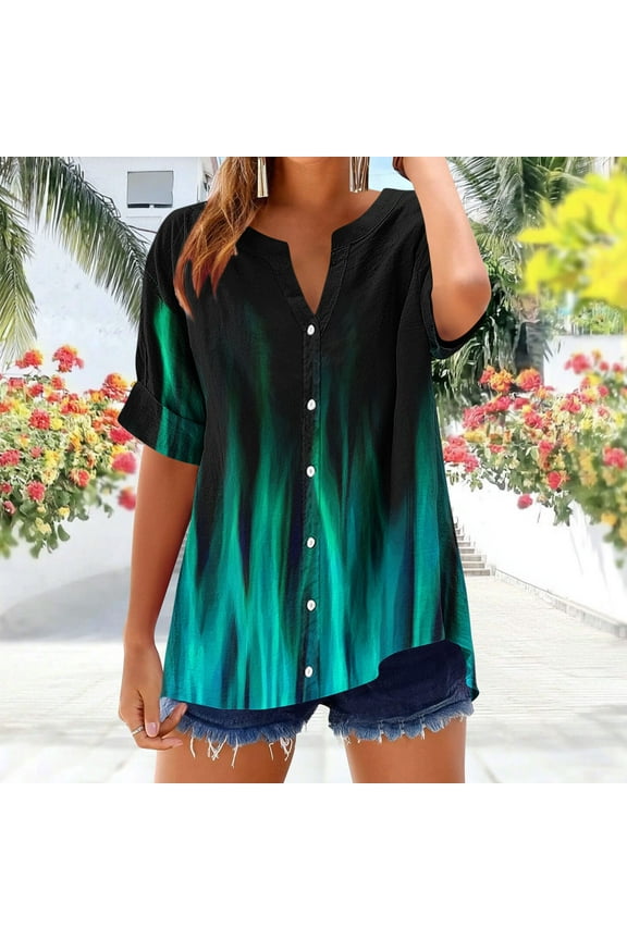 Button Shirts for Women Colorblock Printed V-Neck Blouses Summer Short Sleeve Loose and Fashionable Tops Green L