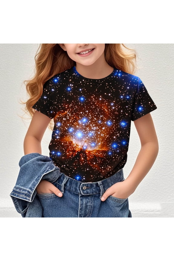 Casual Tees for Kids Girls Breathable Graphic Tees for Play Short Sleeve Galaxy Star Printed Round Neck Boys Tops 9 Years