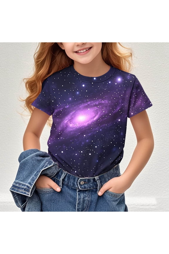 Children's Girls T-Shirts Galaxy Star Printed Round Neck Lightweight Graphic Tees for Gift Short Sleeve Kids Boys Activity Wear 5T