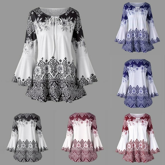 Fatuov Plus Size Tops for Women Fall Fashion Flare Long Sleeve Floral Graphic T-Shirts for Summer Lace-Up Keyhole Crew Neck Trendy Casual Blouses Black