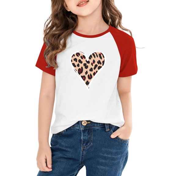 Fatuov Crew Neck Valentines T-Shirt for Kids Heart Pattern Short Sleeve Casual Graphic Tees for Boys Girls 3-14 Years