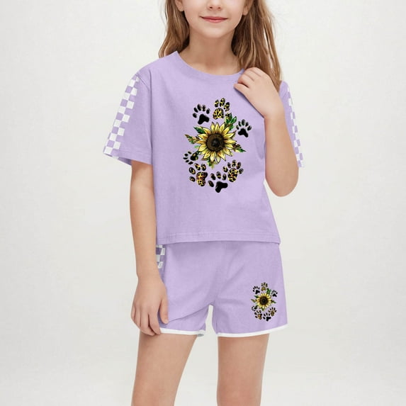 Fatuov Cute Cartoon Print Big Girl Boy Outfit Casual T-shirt Set for Gift Summer 2-Piece Clothes 13 Years