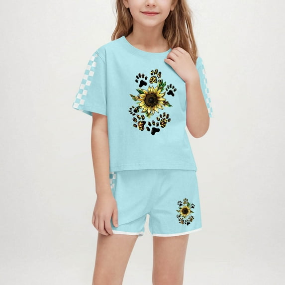 Fatuov Cute Cartoon Print Girl Boy Outfit Casual T-shirt Set for Gift Summer 2-Piece Clothes 9 Years