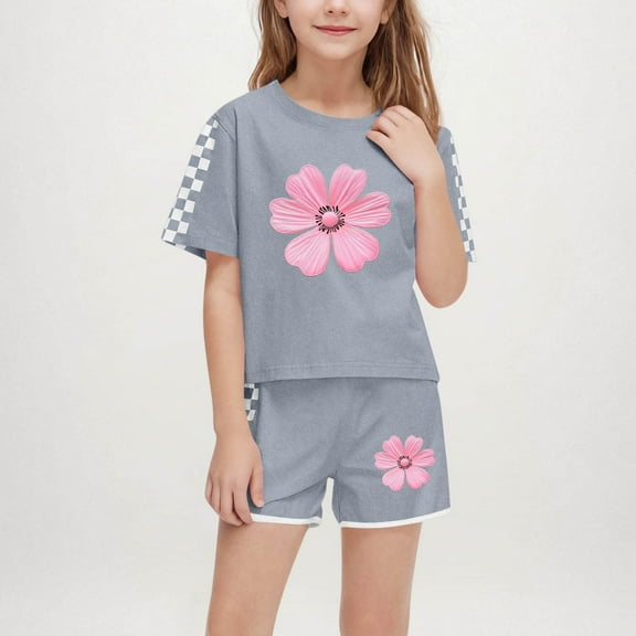 Fatuov Cute Print Top and Shorts for Big Girl Boy Soft Short Set for Play Summer 2-Piece Clothes 13 Years, Gray
