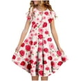 thumbnail image 1 of Fatuov Dress for Toddler Girls Short Sleeve Summer Fashion Breathable Dress for Holiday Crew Neck Floral Print Pleated Flowy Sundress with Pocket, 6-15 Years, Multicolor, 1 of 4