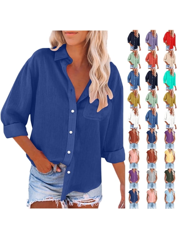 Button Up Shirts for Women Cotton Linen Casual Tops Long Sleeve Button Down Blouses Sexy Solid Color Turn-down Collar Tops Dark Blue