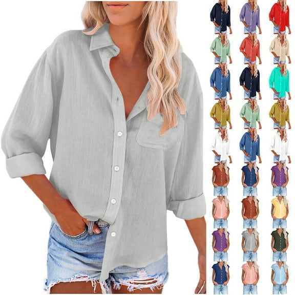 Fatuov Button Up Shirts for Women Cotton Linen Casual Tops Long Sleeve Button Down Blouses Sexy Solid Color Turn-down Collar Tops Gray