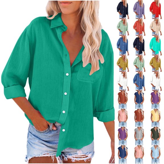 Fatuov Button Up Shirts for Women Cotton Linen Casual Tops Long Sleeve Button Down Blouses Sexy Solid Color Turn-down Collar Tops Green